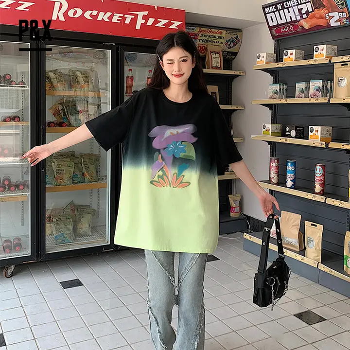 P&X 花柄アート 夏用プリントディップダイグラデーション半袖Tシャツ【レディース・カジュアル・ラウンドネック】