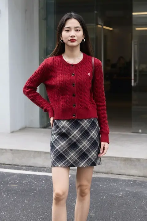 ワインレッドニットカーディガン【麻花デザイン・フィット感のある短丈・秋用】
