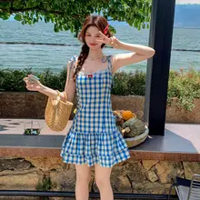 フラワープリントレース切替キャミソールミニドレス【爽やかなブルー・夏用・チェック柄】（セットアップ対応）