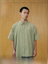 レトロ風ストライプシャツ【グリーン・コットン・ルーズフィット・ダブルカラー】