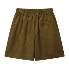 レトロなオリーブグリーンのコーデュロイショートパンツ【高腰・ワイドレッグ・スリム効果・カジュアル】