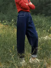 深いネイビーブルーのデニムパンツ【バギーパンツ・ゆったりシルエット・カジュアルコーデに最適】