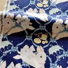 青地にリボン付きウサギ柄のコットン平織り生地【ロリータワンピース用DIY・バッグ用】