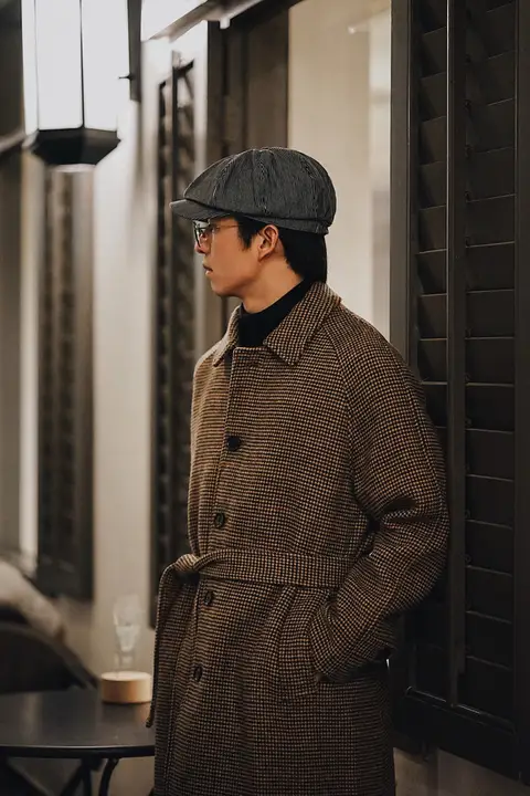 balmacaancoat メンズウールコート【イギリス風・千鳥柄・ベルト付き・ラグラン袖】