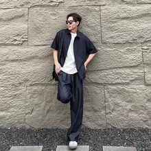 したデザインのデニムシャツ【春秋用・シルクサテン風・半袖・ゆったり】（セットアップ対応）