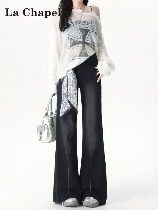 高腰の黒い微喇牛仔パンツ【女性用・秋用・垂感デザイン】