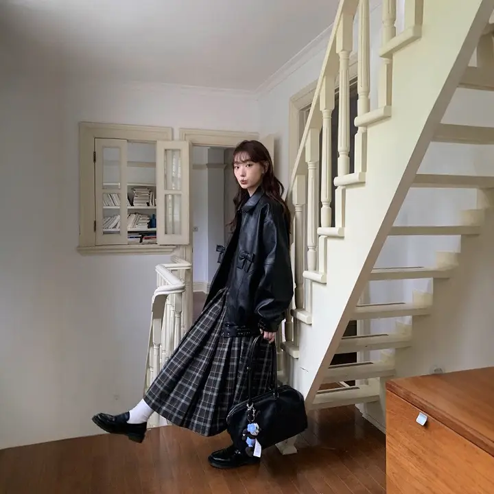 ヴィンテージ風チェック柄プリーツハイウエストスカート【秋冬用・Aライン・ロング丈】（セットアップ対応）
