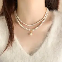 二重層の立体デザイン！スクエアパールペンダントネックレス【女性用・セーターにぴったり・鎖骨ネックレス】
