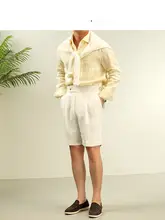 リネン混合の高腰ダブルプリーツショートパンツ【夏用・薄手】（セットアップ対応）
