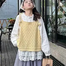 優雅なデザインのラウンドネックニットベスト【重ね着・女性用】（セットアップ対応）