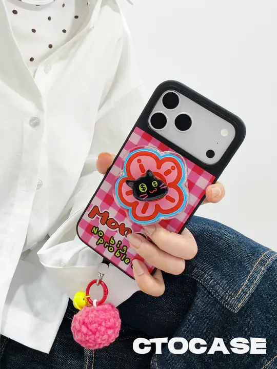 スマホケース iPhone対応 チェック柄 黒猫 開運 マグネット スタンド 耐衝撃 ストラップ レディース おしゃれ 上品