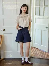 抽绳付き月牙刺繍入り折り辺短袖ブラウス【夏季・フレンチスタイル】