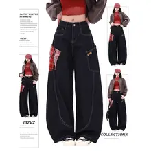 MZVZ アメリカンビンテージスタイル チェック柄切替ワイドデニムパンツ【秋冬用・テーパード・カーゴパンツ】