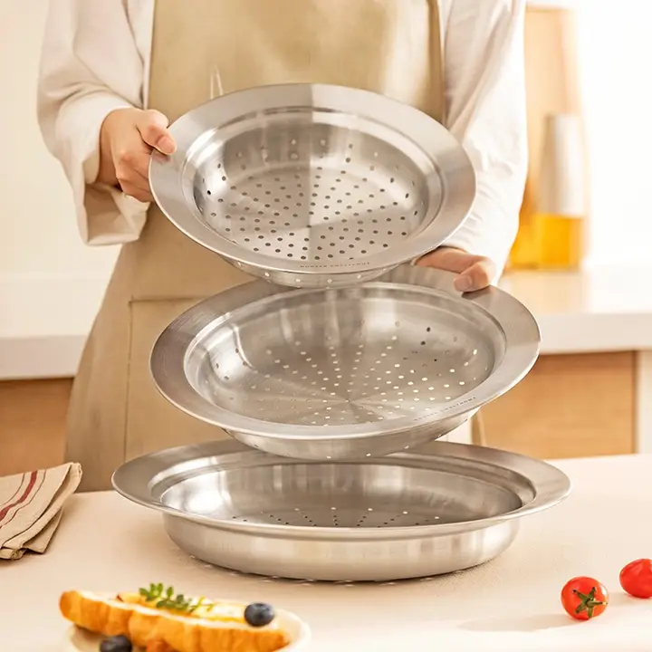 丸型304ステンレススチール蒸し器【家庭用・フライパン対応・蒸し皿付き】