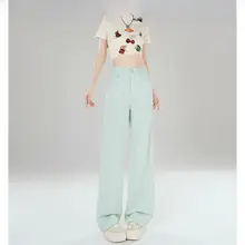 ハイウエストデニムパンツ【スリムフィット・フレア・裾長】