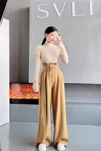 SVLI 花苞デザイン バイカラー 高腰ワイドパンツ【秋冬用・フィット・ロング】