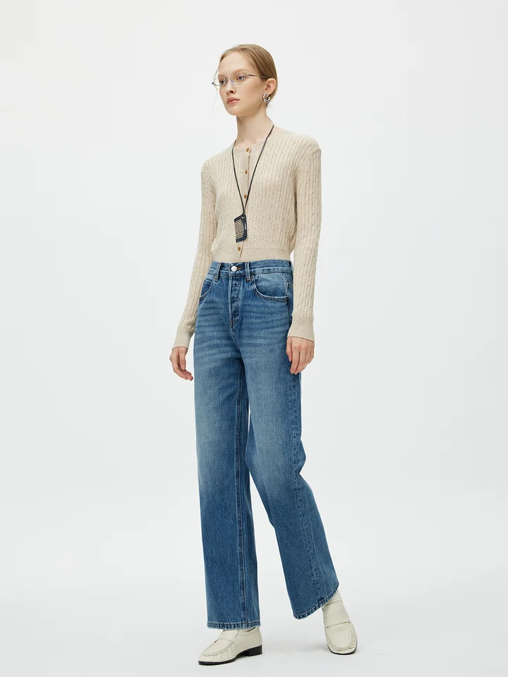 トレンド感あふれるハイウエストストレートデニムパンツ【女性用・ゆったりシルエット・ワイドレッグ】