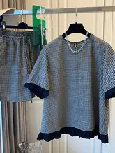 女性用 花柄チェック柄Tシャツとワイドパンツの夏向けファッション【フリルデザイン・カジュアル】（セットアップ対応）