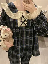 shinely レトロチェック柄 ドルマンスリーブ レース付き パジャマセット【女性用・秋冬・可愛い】