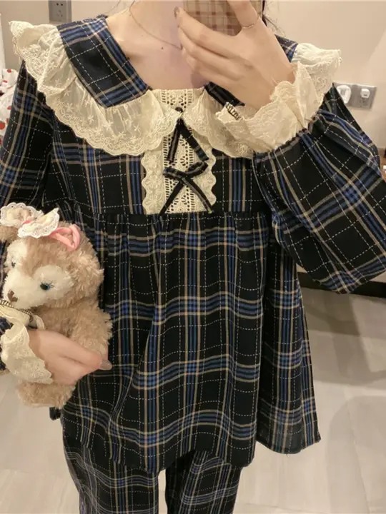 shinely レトロチェック柄 ドルマンスリーブ レース付き パジャマセット【女性用・秋冬・可愛い】