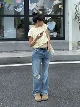 デニムパンツ ストリートスタイル カジュアル コットン ヴィンテージ ストレート ワイド 破れ