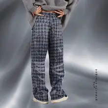 ハウンドトゥースパターンのデザインデニムパンツ【フリンジ仕上げ・ストレートシルエット・おしゃれなカジュアルスタイル】