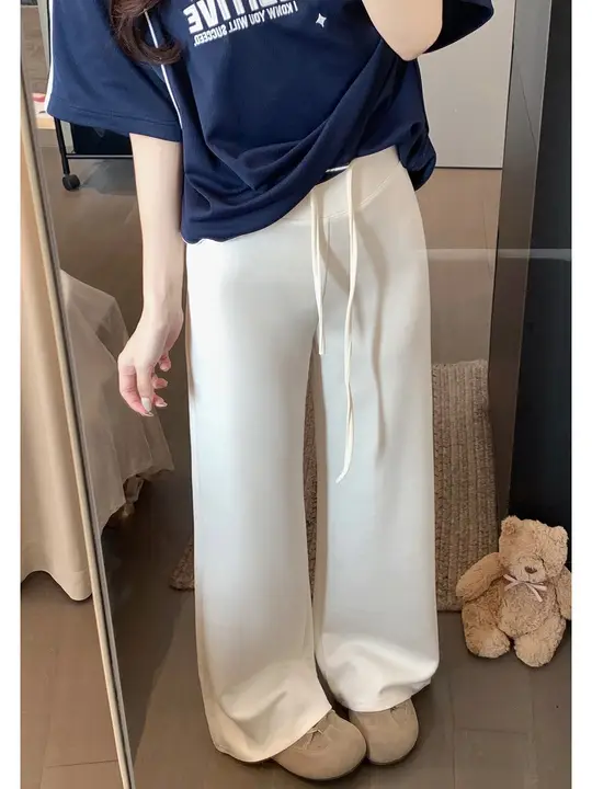 高腰のドローストリングパンツ【スタイル・淡黄色・夏用・ゆったりしたシルエット】（セットアップ対応）