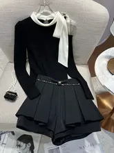 リボンデザインのオフショルダー ニットトップスとAラインスカートパンツ【女性用・極上の柔らかさ】（セットアップ対応）
