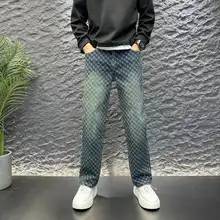 春季高街風刺繍デザインのデニムパンツ【ゆったりシルエット・メンズ】