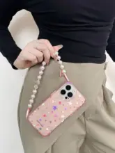スマホケース レディース チェーンストラップ付き 斜め掛け 手提げ 四隅穴あき ガーリー iPhone対応