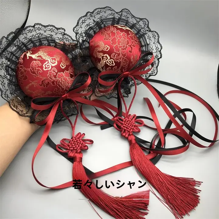 暗黒のチャイニーズスタイル ヴィンテージボルドーの双馬尾ヘアアクセサリー【ロリータ風・丸い髪飾り】