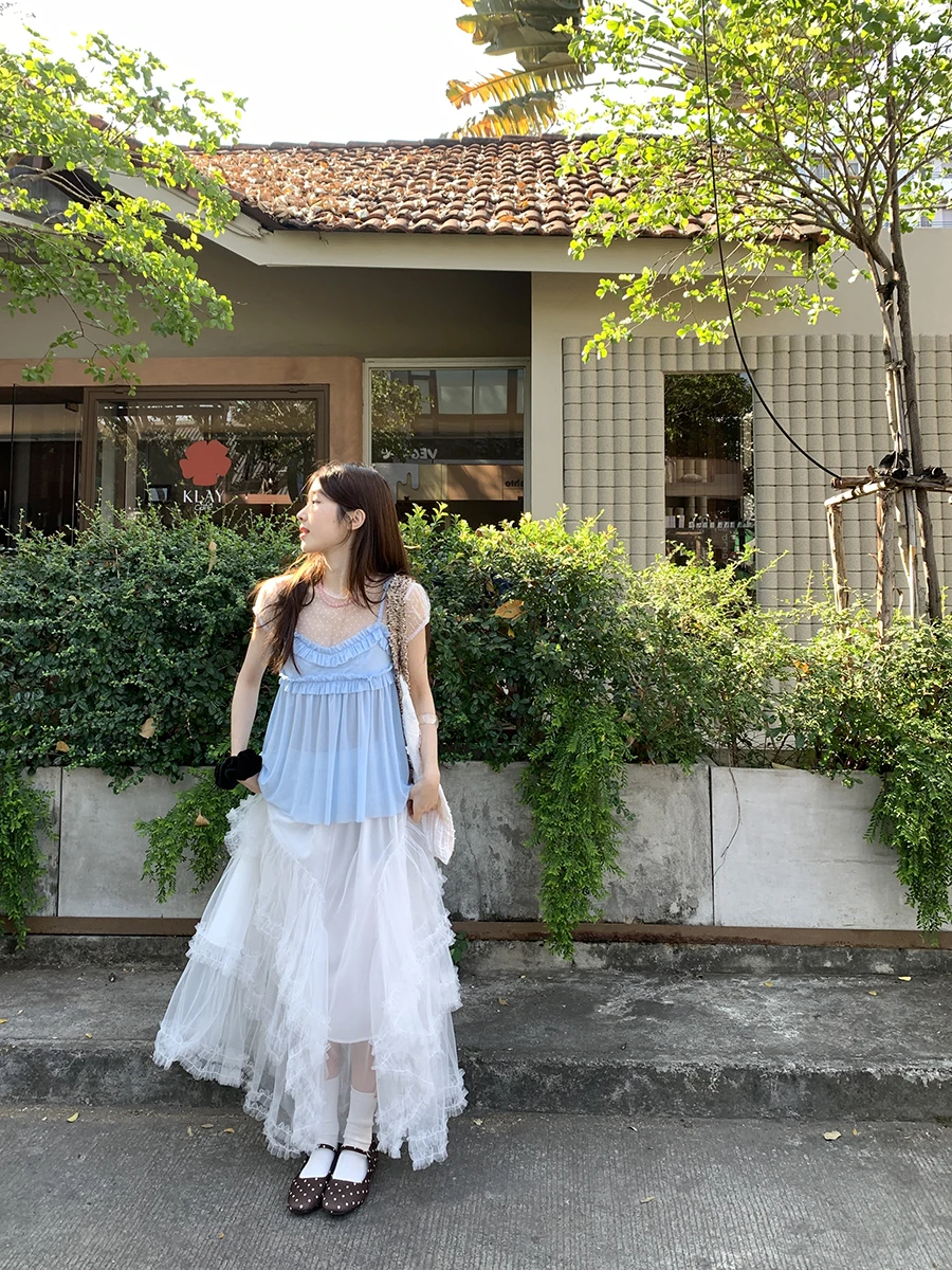 不規則花柄チュールスカート：高腰Aラインで女性らしさを表現