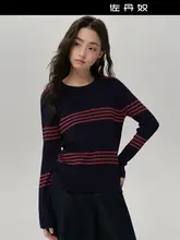 ストライプデザインのニットトップス【女性用・フィット感のある丸首・カラーブロック】