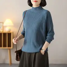 女性用ハイネックニットトップス【大きいサイズ・秋冬用・ゆったりシルエット・細見えデザイン】
