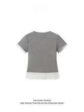 レース付きデザインの刺繍Tシャツ【女性用・半袖・フィットタイプ・韓国風・ショート丈】（セットアップ対応）