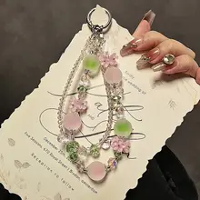 スマホストラップ リストストラップ キーホルダー バッグチャーム 2連ビーズ クリスタル パステルピンクグリーン 上品