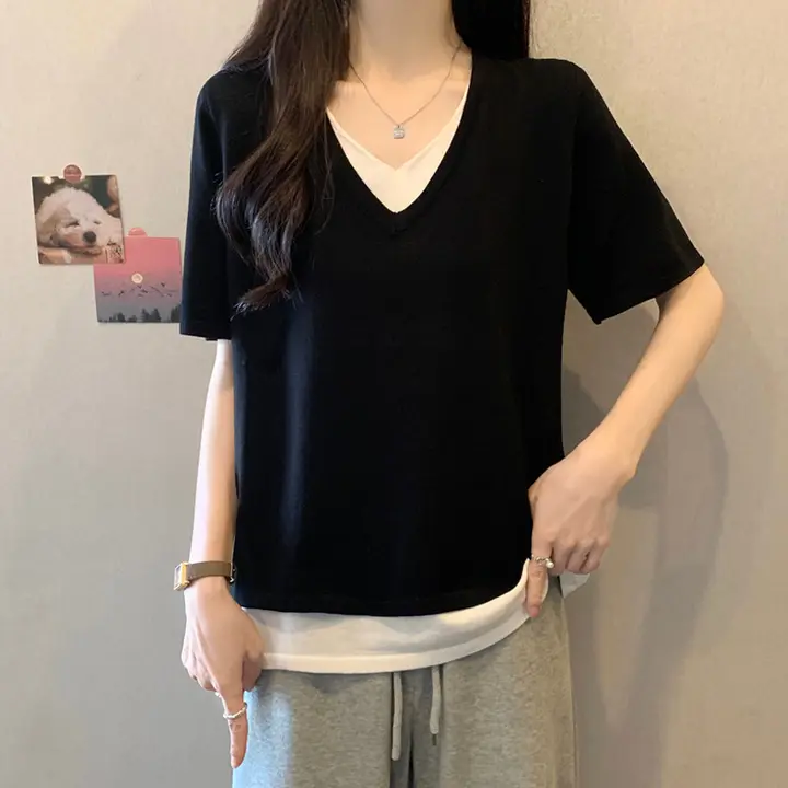 大きいサイズのVネック半袖チュニック【夏用・体型カバー・ニット素材】（セットアップ対応）