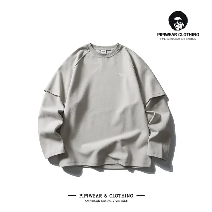 秋季向けレトロ風デザインの長袖Tシャツ【ビジュアル重視・カジュアル・メンズ用】（セットアップ対応）