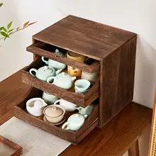 天然木製 茶具収納キャビネット【防塵・ディスプレイ用・抽斗付き】