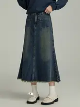 レトロなデザインのハイウエストAラインデニムスカート【ブルー・フリンジ付き・ロング丈】