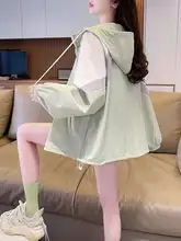 冷感素材 フード付き UVカット女性用薄手アウター【夏用・通気性・カラーブロックデザイン】