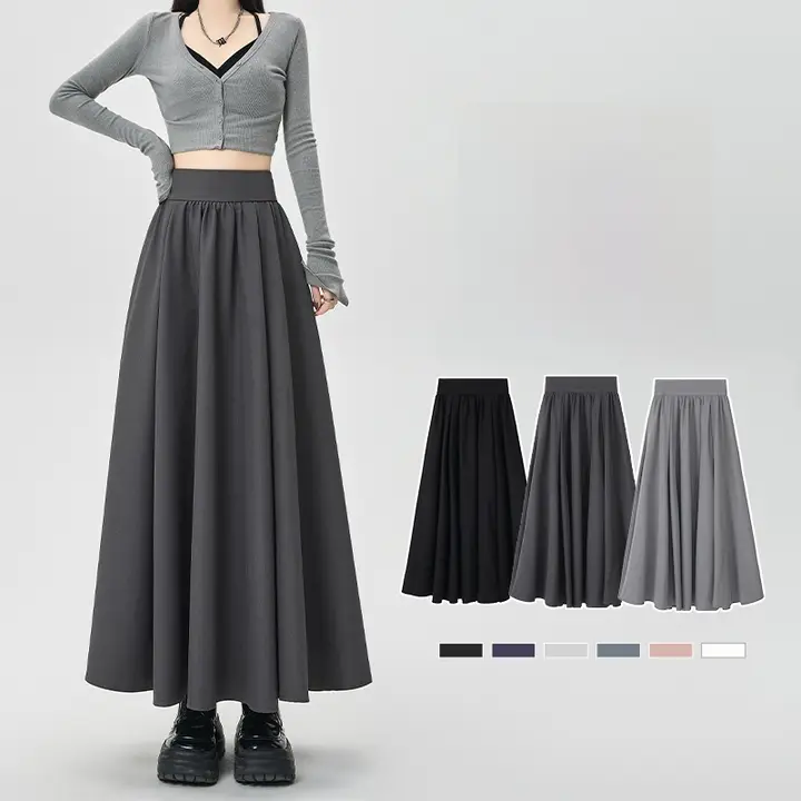 グレーのウエスト高Aラインスカート【秋冬用・百褶・ドレープ感】