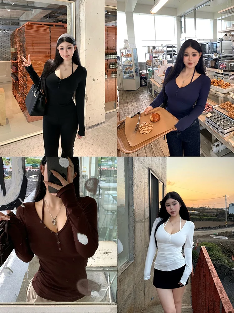 肩ひもデザインのロングスリーブ：女性向けのV領修身型トップスの実用性と季節適性