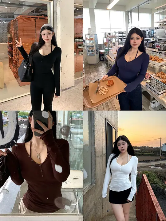 肩ひもデザインの長袖トップス【女性用・極上の柔らかさ・ダークカラー】