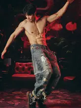 四神獣デザインのウォッシュドレッド耳デニムパンツ【中国風・秋冬用・クラッシュ加工】