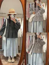 高腰デニムAラインスカート【ウォッシュ加工・ポケット付き・小柄向け・フィット】（セットアップ対応）