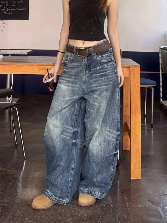 デニムパンツ レディース ウォッシュ加工 アメカジ ヴィンテージ ルーズ ワイド フルレングス ストリート きれいめ 「XFX」