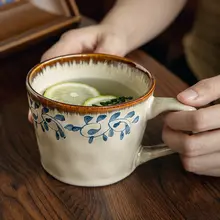 レトロな植物柄 陶製マグカップ【ハンドメイド・高温転写・ふた付き・片手取っ手】