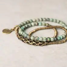 ヴィンテージ風 モンゴルグリーンターコイズ 多重ブレスレット【ハンドメイド・マット仕上げ・ユニセックス】