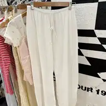 無地のドローストリングコットンロングパンツ【ハイウエスト・スリムフィット・快適】